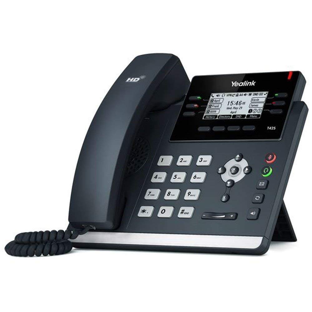 Yealink SIP-T42S IP电话，12路。 2.7 英寸图形显示屏。双端口千兆以太网、802.3af PoE、不含电源适配器