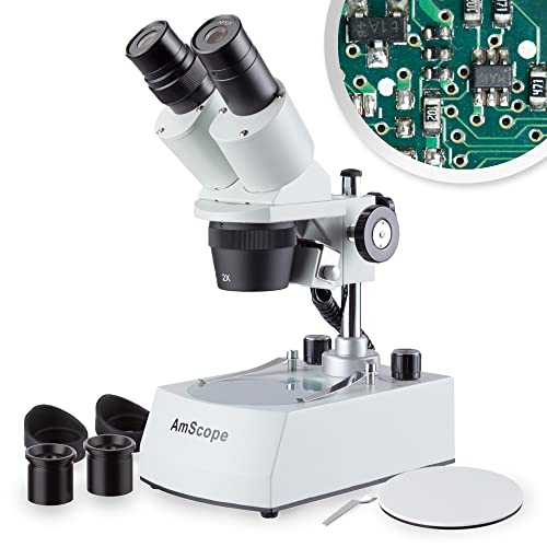  AmScope SE306R-PZ-LED 前置双目体视显微镜，WF10x 和 WF20x 目镜，20X/40X/80X 放大倍率，2X 和 4X 物镜，上下 LED 照明，可翻转黑白载物台，支柱支架，120V 或电池...