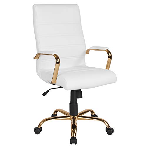 Flash Furniture 高背办公桌椅 - 白色皮革软行政旋转办公椅，带金色框架 - 旋转扶手椅...