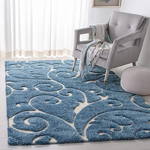 Safavieh Florida Shag Collection SG455-6011滚动藤蔓淡蓝色和奶油优美漩涡区地毯（8'6'x 12'）