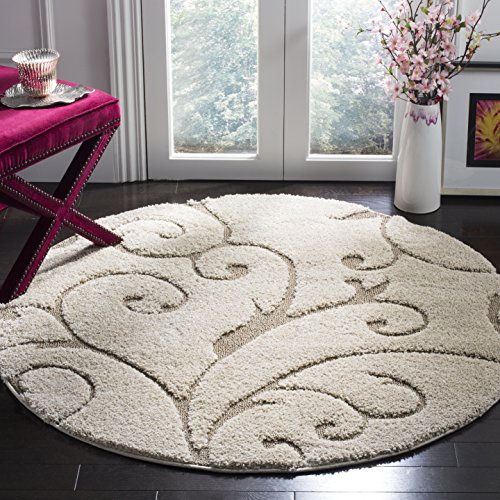 Safavieh Florida Shag Collection SG455-1113滚动藤蔓优美的涡流区域地毯，6英尺7英尺圆形，米色/米色