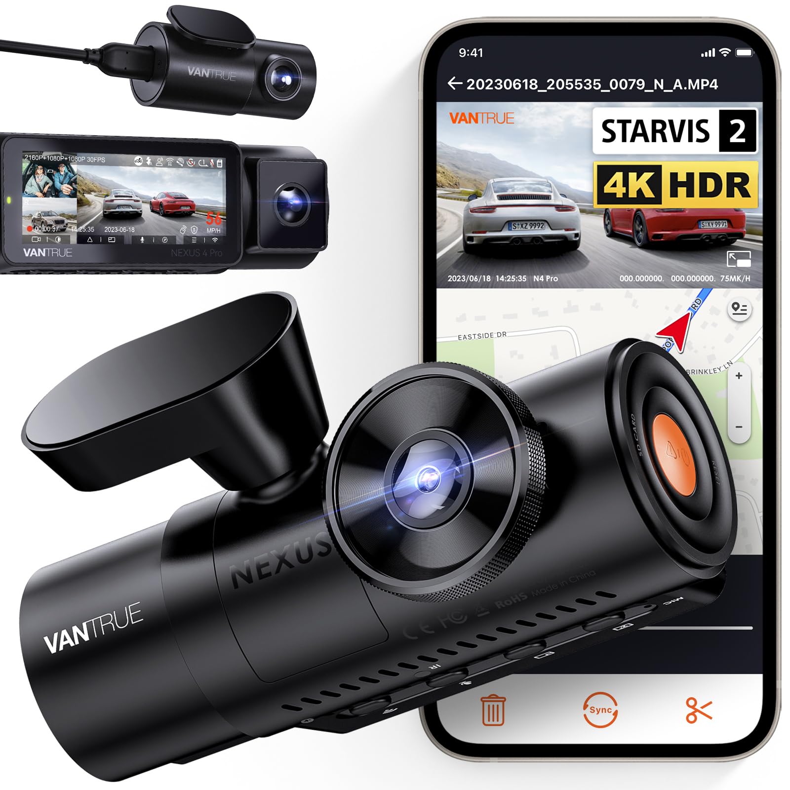 VANTRUE N4 Pro 3通道4K WiFi行车记录仪，STARVIS 2 IMX678夜视，4K+1080P+1080P前后三摄像头，语音控制，GPS，4K HDR，24小时停车模式，最大支持512GB