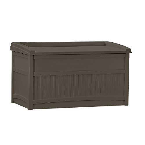 Suncast 50 加仑中型甲板箱 - 轻质树脂室内/室外储物容器和座椅，适用于露台垫子和园艺工具 - 在露台、车库、庭院存放物品 - Java
