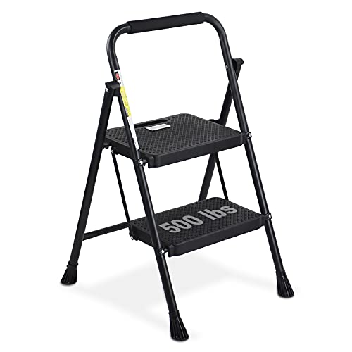HBTower 3 级梯子，带宽防滑踏板的折叠梯凳，坚固的钢梯，方便的手柄，轻型 500 磅便携式钢梯凳