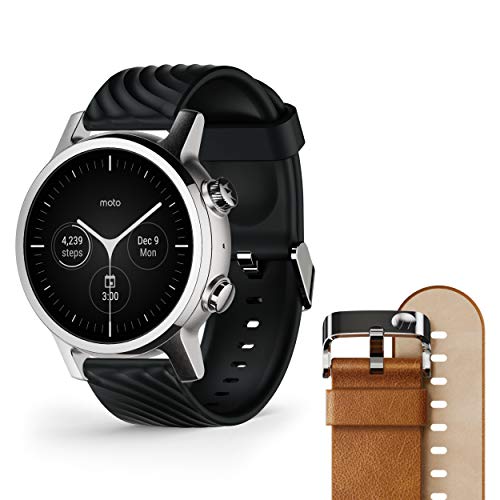 Motorola Moto 360 第三代 2020 - Wear OS by Google - 豪华不锈钢智能手表，配有真皮和高强度运动表带 - 钢灰色