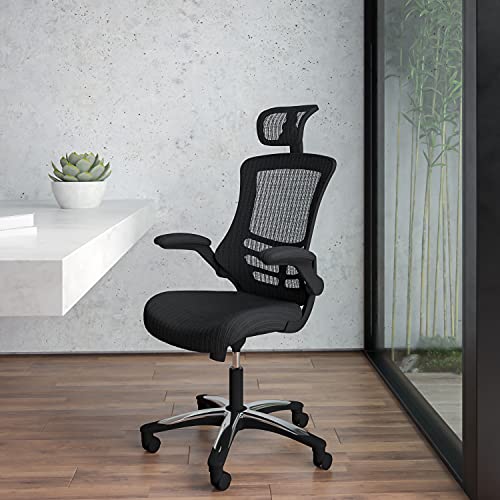 Flash Furniture 高靠背黑色网状旋转人体工学行政办公椅，带翻转臂和可调节头枕