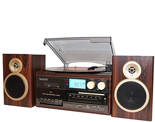 Boytone BT-28SPM，蓝牙经典风格电唱机转盘，带 AM/FM 收音机、CD/盒式磁带播放器、2 个独立立体声扬声器