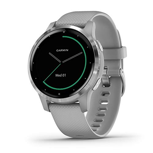Garmin vivoactive 4S，较小型的GPS Smartwatch，具有音乐，人体能量监测，动画锻炼，脉冲氧传感器等功能，银灰色带