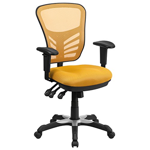 Flash Furniture BIFMA认证的中后背黄橙色网状多功能行政旋转人体工学办公椅，带可调节扶手