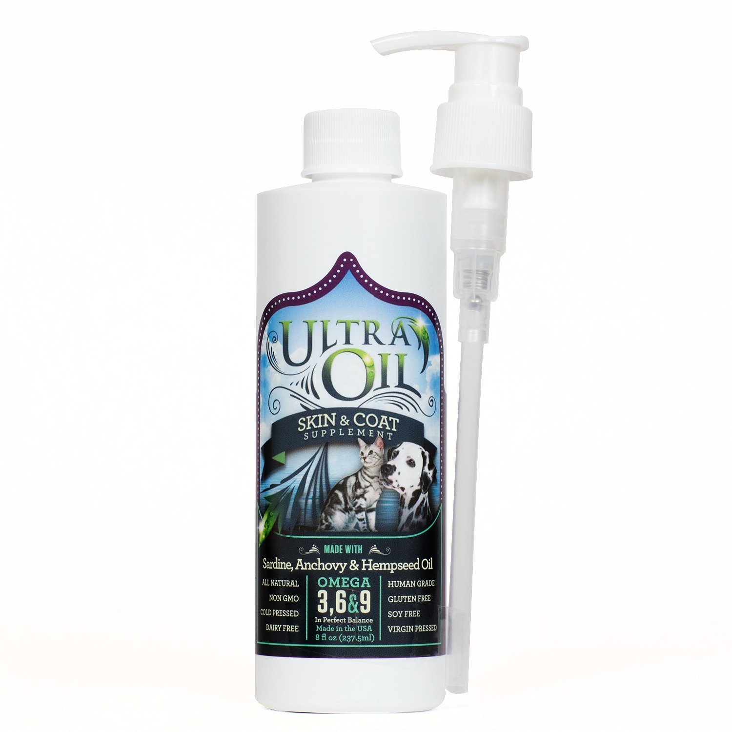  Ultra Oil Skin & Coat Supplement 适用于狗和猫的超油皮肤和皮毛补充剂 - 大麻籽油、亚麻籽油、葡萄籽油、鱼油，可缓解皮肤干痒、头皮屑和过敏 - 包装可能...