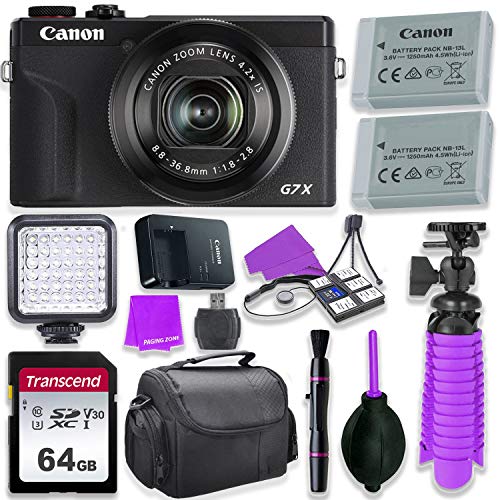 Canon PowerShot G7 X Mark III 相机带 1 英寸传感器和 4k 视频 - 支持 Wi-Fi 和蓝牙（黑色）和 LED 视频灯、64GB Transcend 存储卡、额外电池 + 配件包