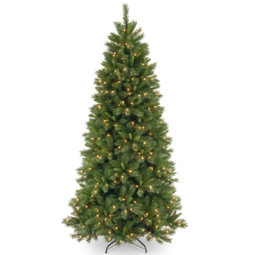 National Tree Company 公司预亮人造圣诞树 |包括预串多色 LED 灯和支架 | Lehigh Valley Pine Slim - 7.5 英尺