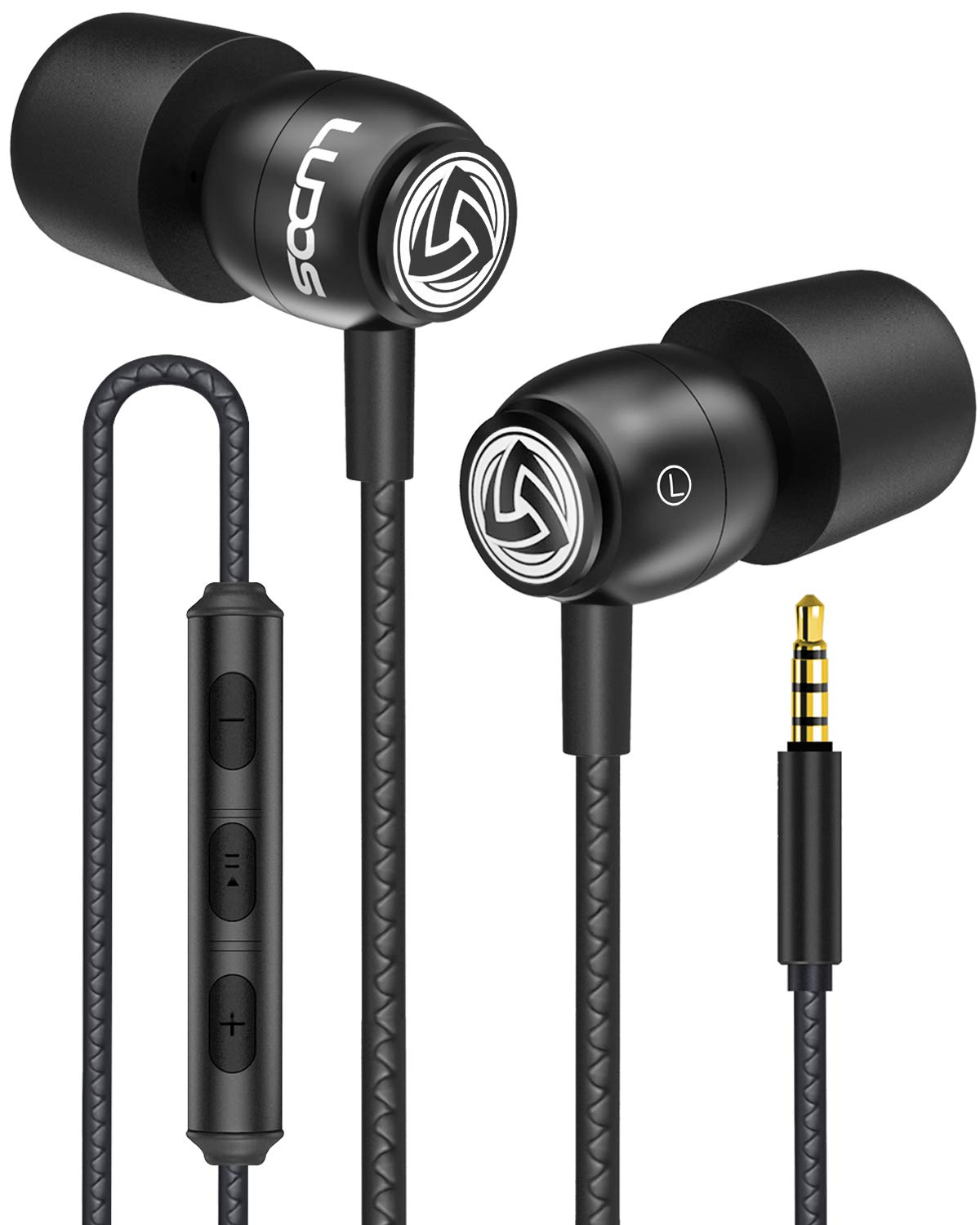 LUDOS Clamor 入耳式有线耳塞，带麦克风的噪音隔离耳机，带麦克风和音量控制的耳机，记忆海绵，低音耳塞，兼容 iPhone、Apple、iPad、电脑 - 黑色