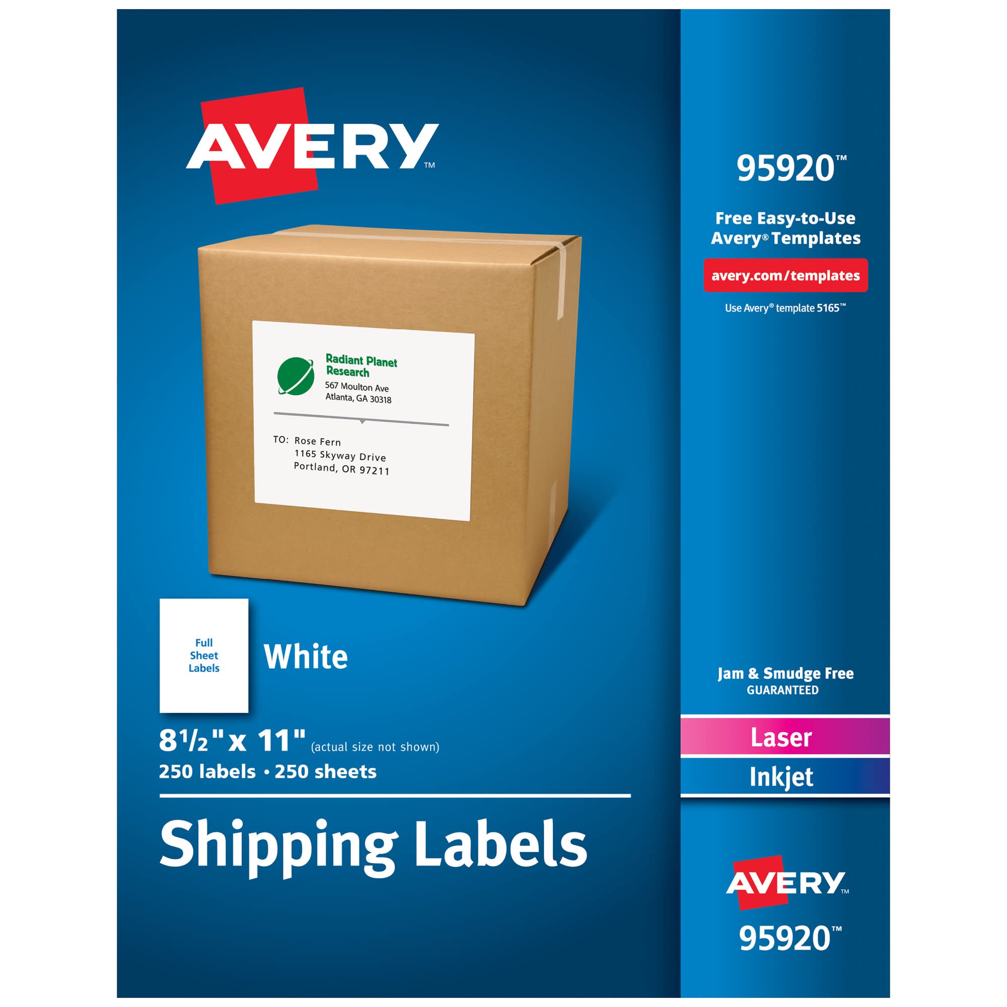 Avery 送货地址标签，激光和喷墨打印机，250 个标签，整张标签，永久，2 包 (95920)