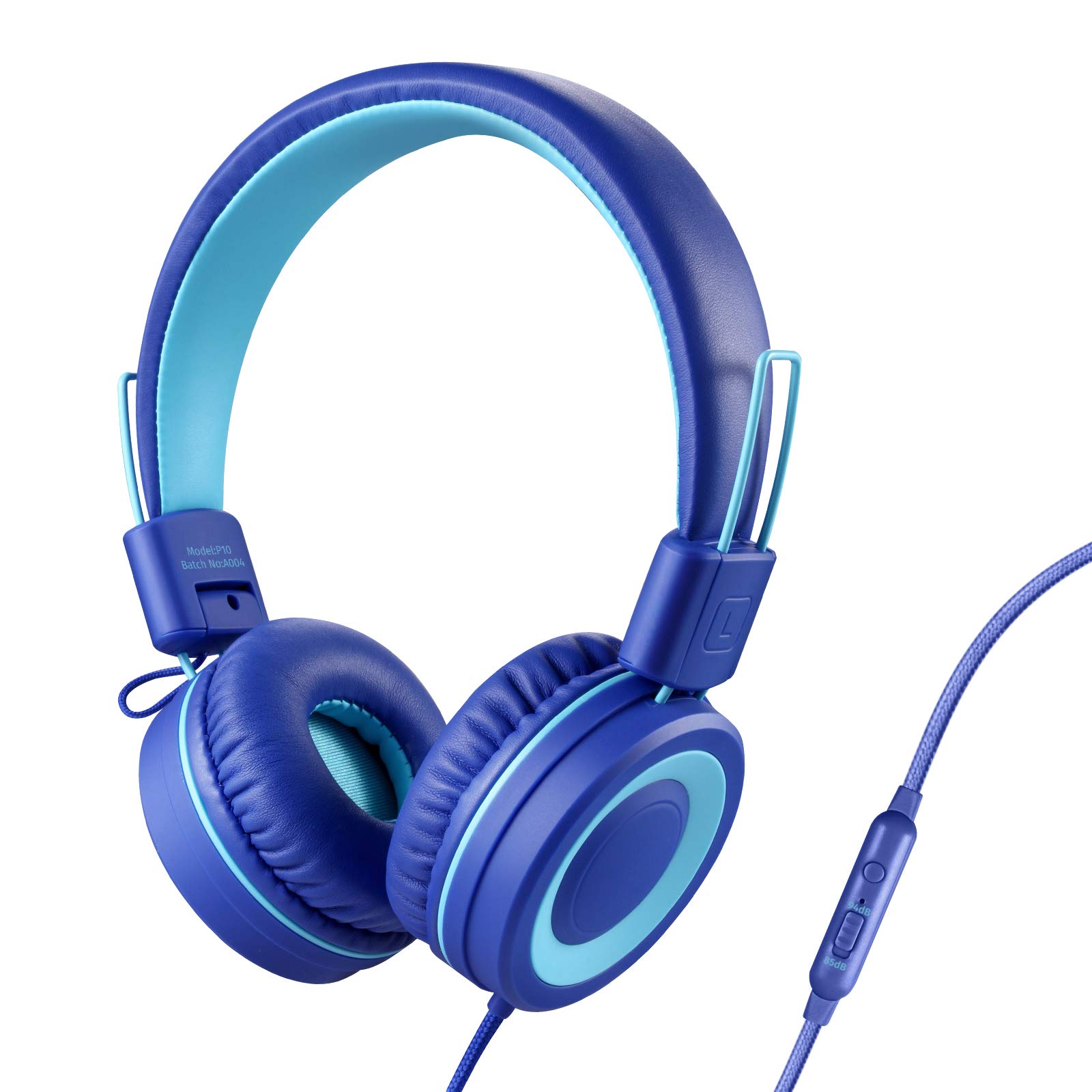 Powmee P10 儿童耳机带麦克风立体声耳机儿童男孩女孩可调节 85dB/94dB 音量控制可折叠贴耳式耳机带麦克风适用于学校/电脑/手机（蓝色）