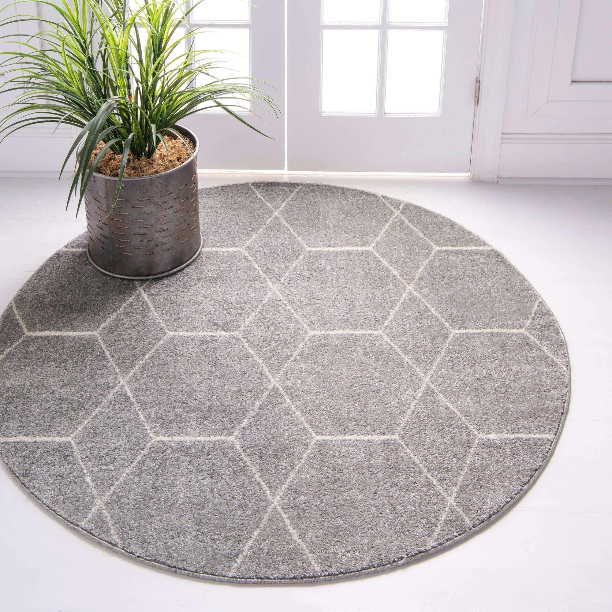 Unique Loom Trellis Frieze 系列小地毯 - 几何（7 英尺圆形，浅灰色/象牙色）