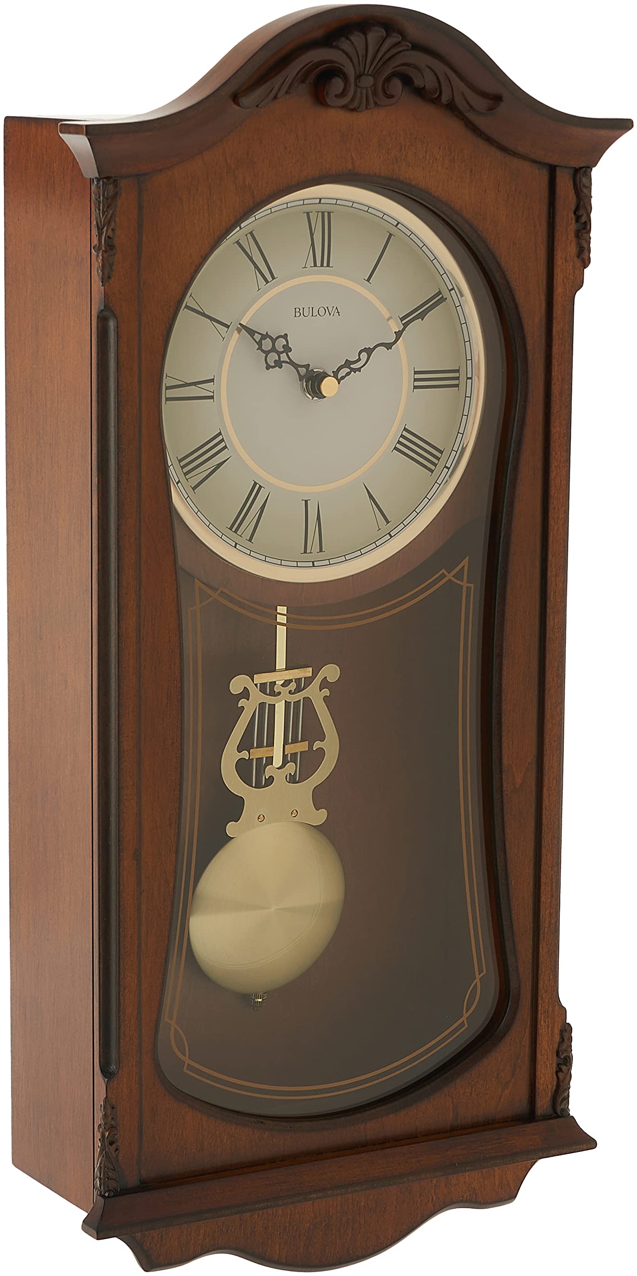 Bulova 时钟 C3542 Cranbrook 壁挂式模拟木质自鸣钟，棕色