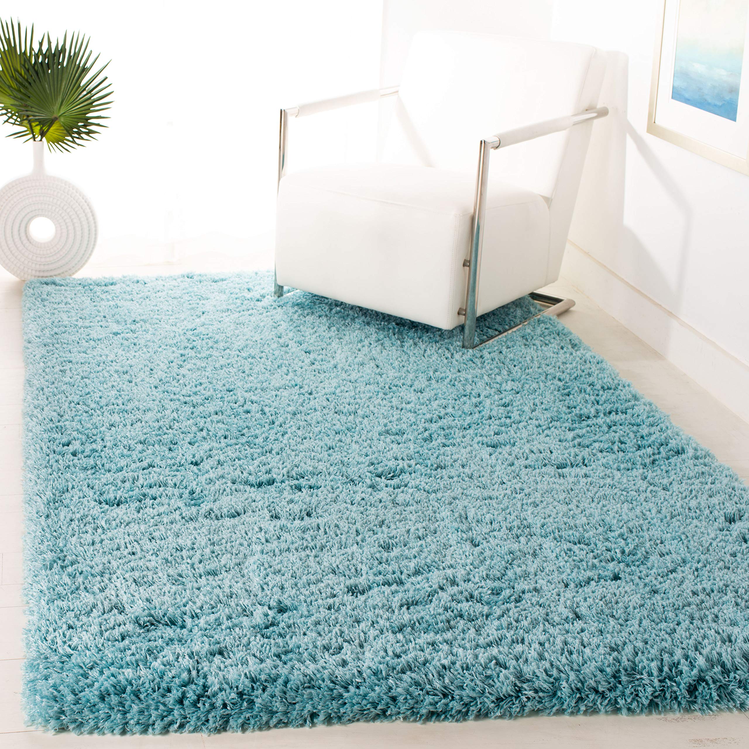  Safavieh Polar Shag 系列特色地毯 - 4 英寸 x 6 英寸，浅绿松石色，纯色迷人设计，不脱落且易于护理，3 英寸厚，非常适合入口、客厅、卧室的人流密集区域...