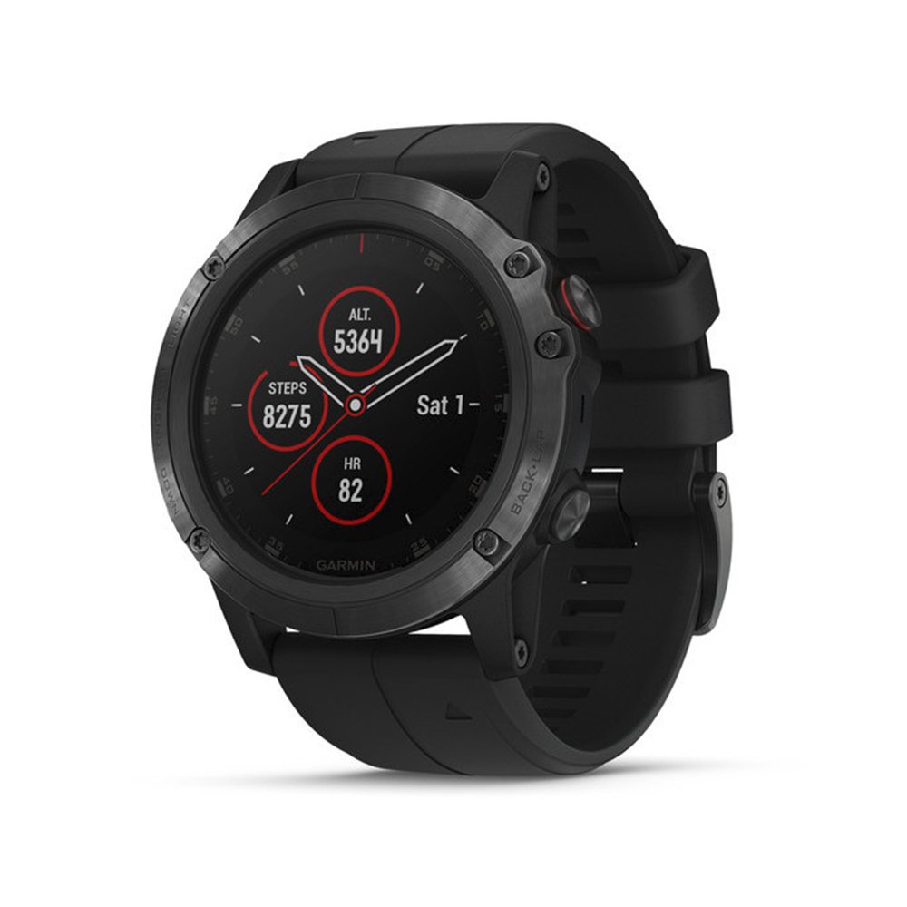 Garmin fenix 5X Plus，终极多运动 GPS 智能手表，具有彩色地形图和脉搏血氧仪、心率监测、音乐和非接触式支付，黑色配黑表带