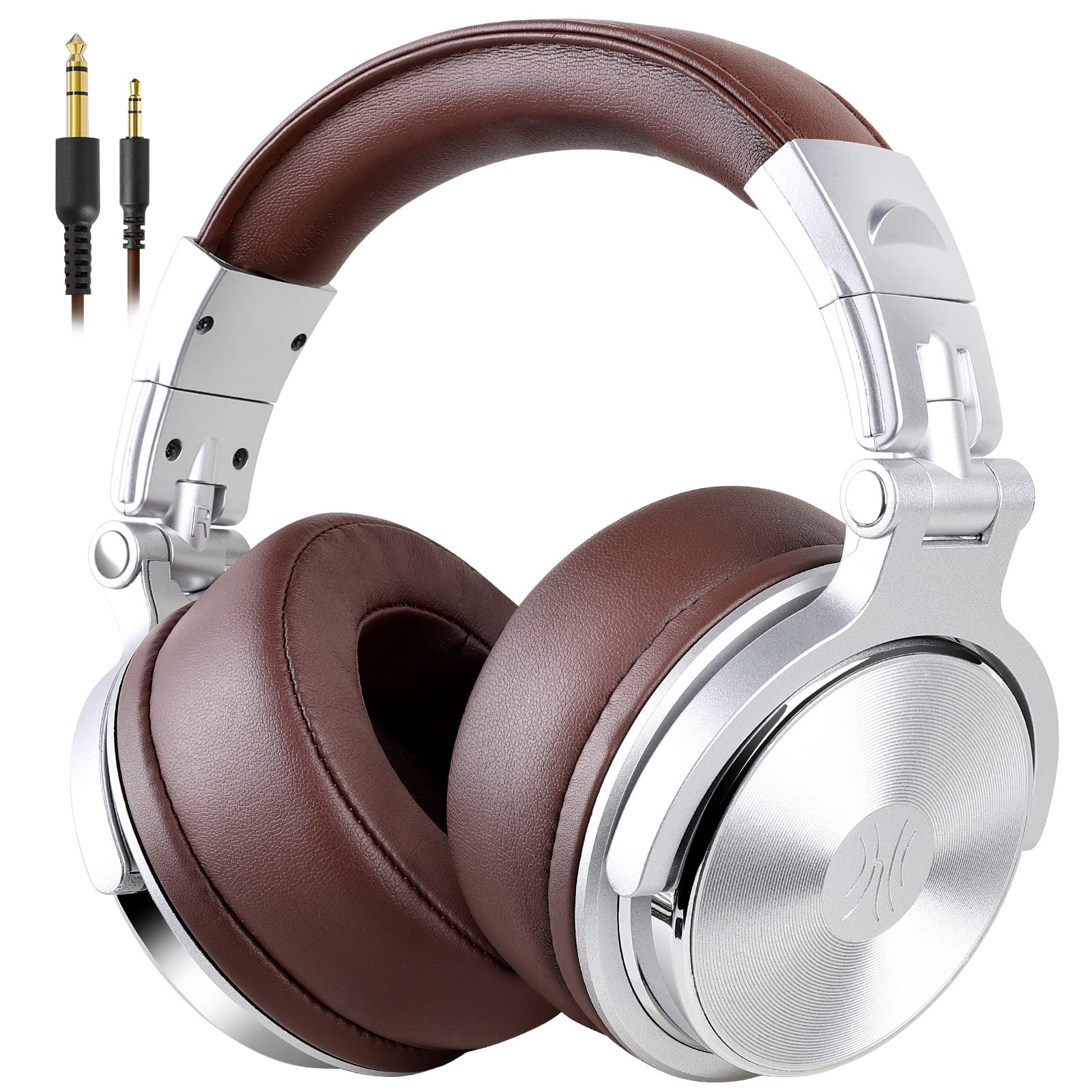  OneOdio 包耳式耳机、带 50 毫米驱动器的有线高级立体声耳机、带蛋白质耳罩的可折叠舒适耳机和用于录制监控播客 PC 电视的共享端口 - 带麦克风（银色）...