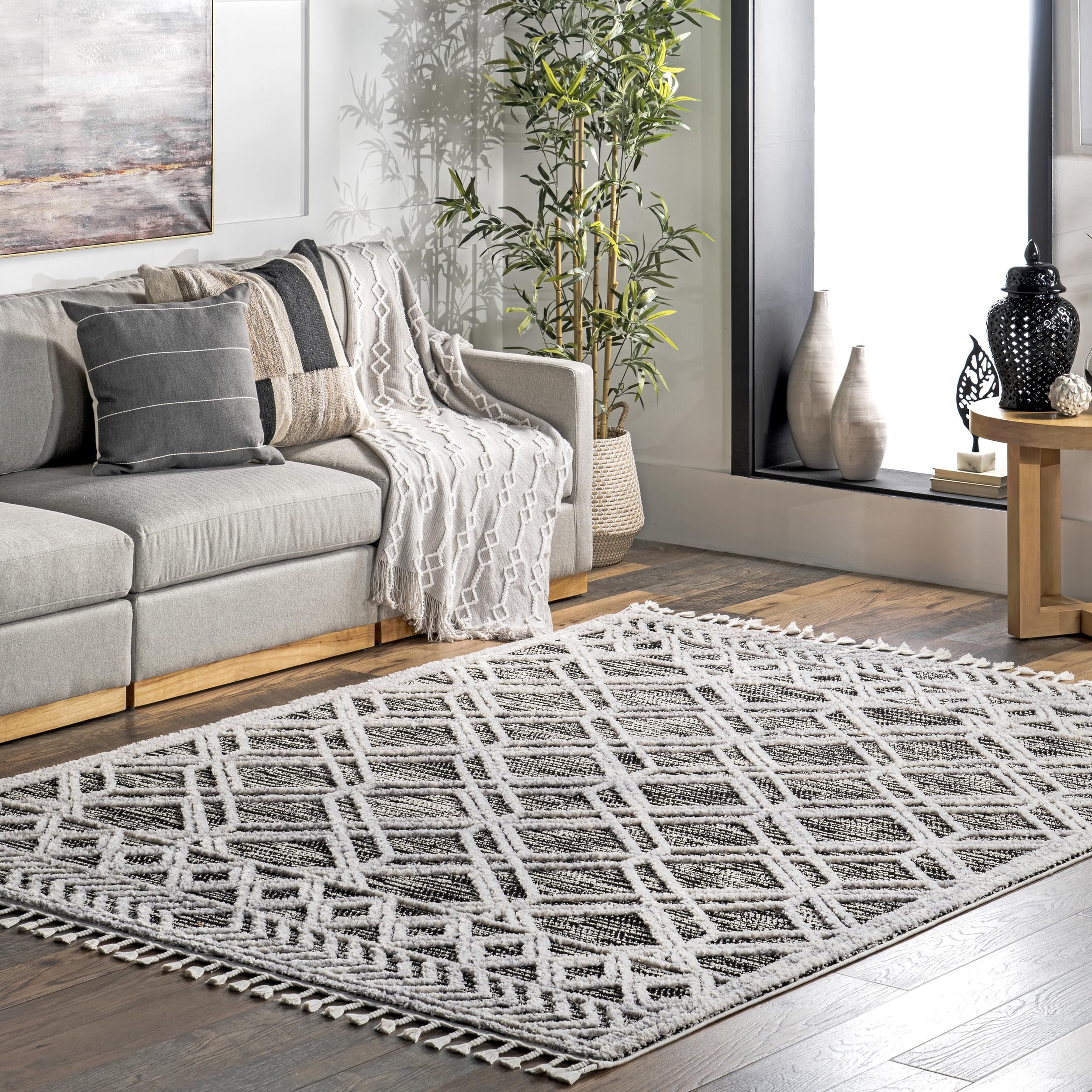 NuLoom Ansley 摩洛哥格子流苏地毯，9x12，灰色