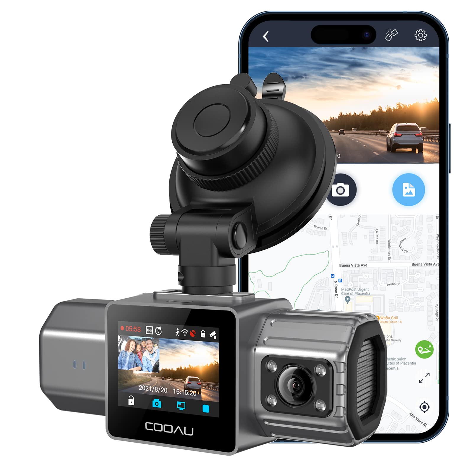 COOAU 双行车记录仪，内置 GPS、1080P 汽车前置和内置 WiFi 行车记录仪、索尼传感器、超级电容器、4 个红外夜视、重力传感器、循环录像和停车模式 (D20)