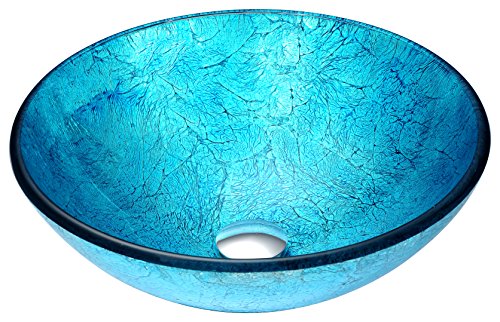 ANZZI 蓝色冰格调现代钢化玻璃容器碗水槽 | Aqua 顶部安装浴室水槽位于柜台上方 |带弹出式排水管的圆形梳妆台台面水槽| LS-AZ047