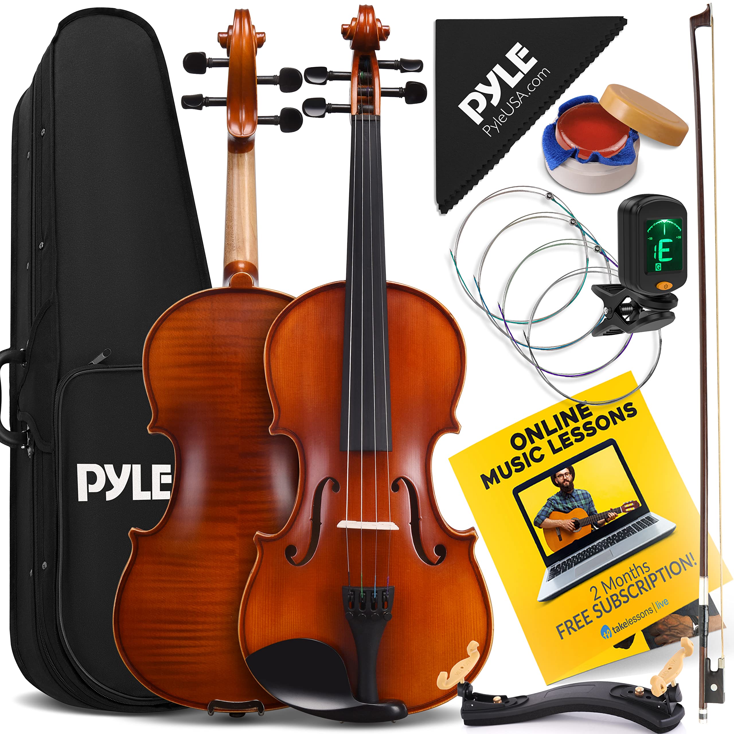 PyleUSA 优质实木小提琴全尺寸 4/4 原声小提琴套装管弦乐器套件，在线课程，硬盒，琴弓，调音器，4 名学生初学者到高级成人，(PGVILN100)