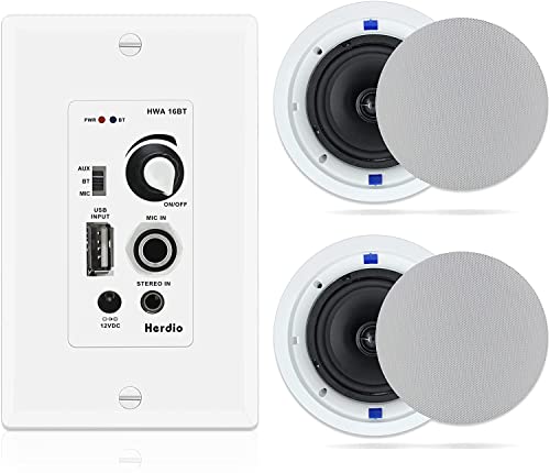 Herdio 6.5 英寸吸顶扬声器 320W 2 路嵌入式安装，带蓝牙壁挂式放大器接收器非常适合家庭影院浴室客厅厨房办公室（一对）