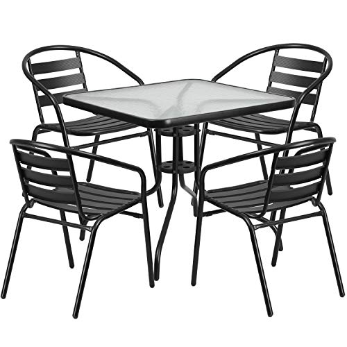 Flash Furniture 家具 31.5 英寸方形玻璃金属桌，带 4 张黑色金属铝板条叠椅...