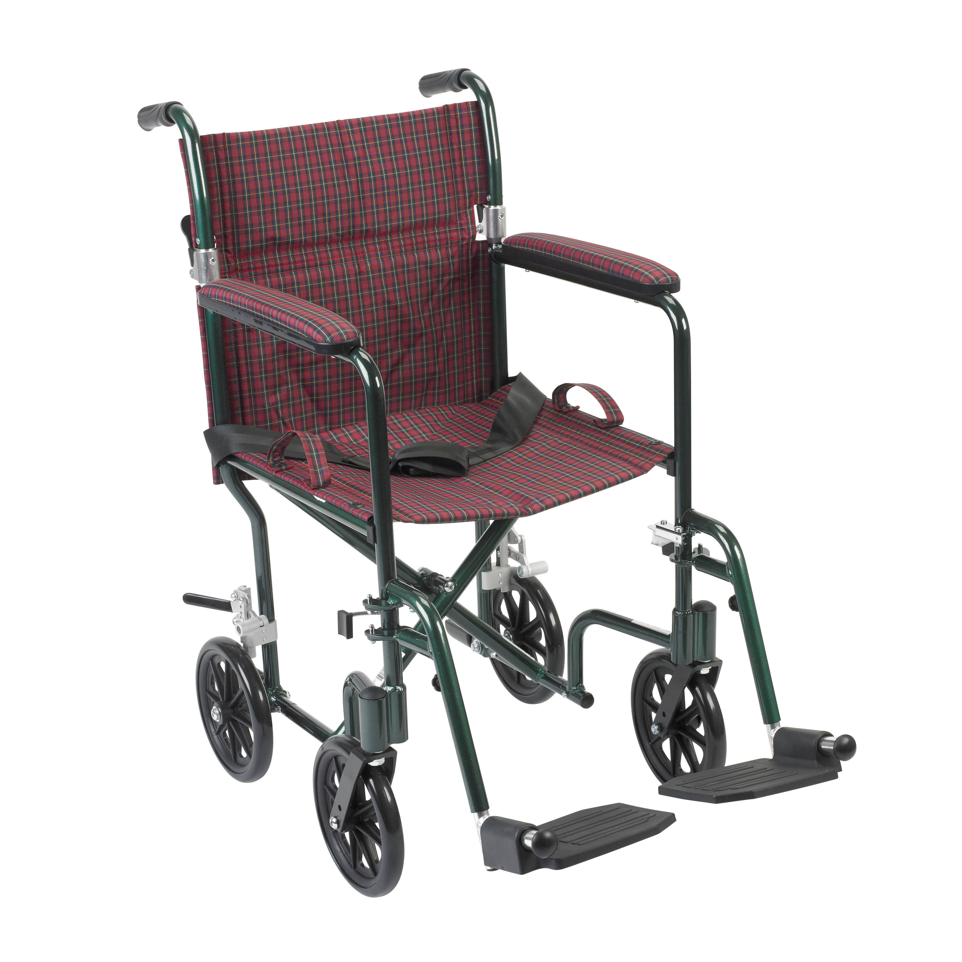 Drive Medical FW19BG-19轻型轻便折叠运输轮椅，绿色框架，勃艮第内饰