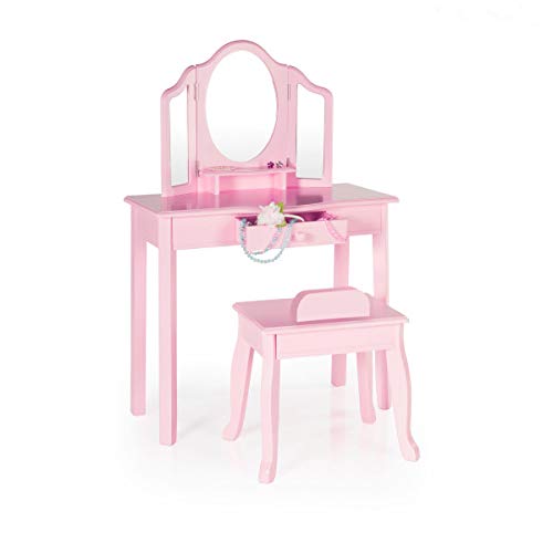 Guidecraft 梳妆台和凳子-粉色：儿童木桌和储物椅，带3个镜子和化妆柜储物-儿童装扮家具...