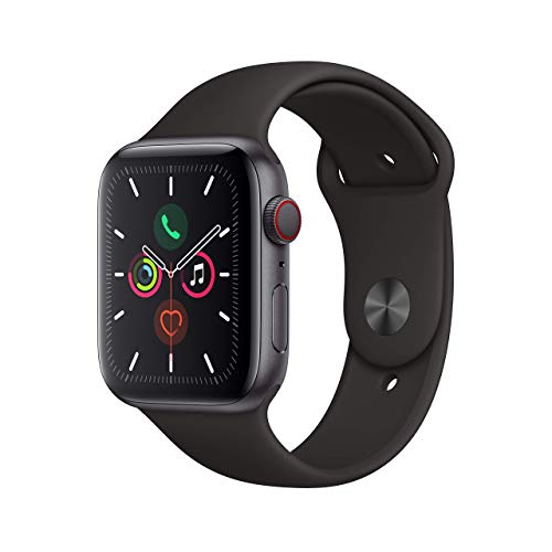 Apple 手表系列 5（GPS + 蜂窝网络，44 毫米）深空灰色铝制表壳，搭配黑色运动表带（更新）
