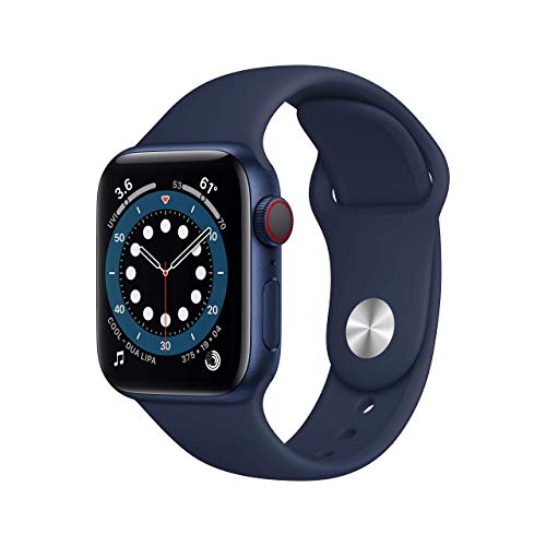 Apple 手表系列 6（GPS + 蜂窝网络，40 毫米）- 蓝色铝制表壳，搭配深海军蓝运动表带（更新款）...