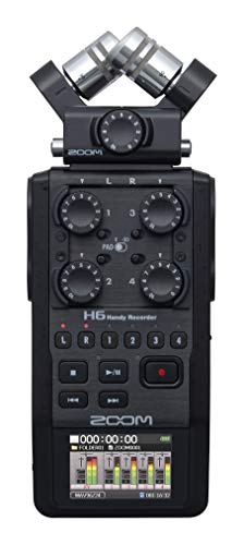 Zoom Corporation 放大H6全黑（2020版）6轨便携式录音机，立体声麦克风，4个XLR / TRS输入，SD卡，USB音频接口，电池供电（播客和音乐）