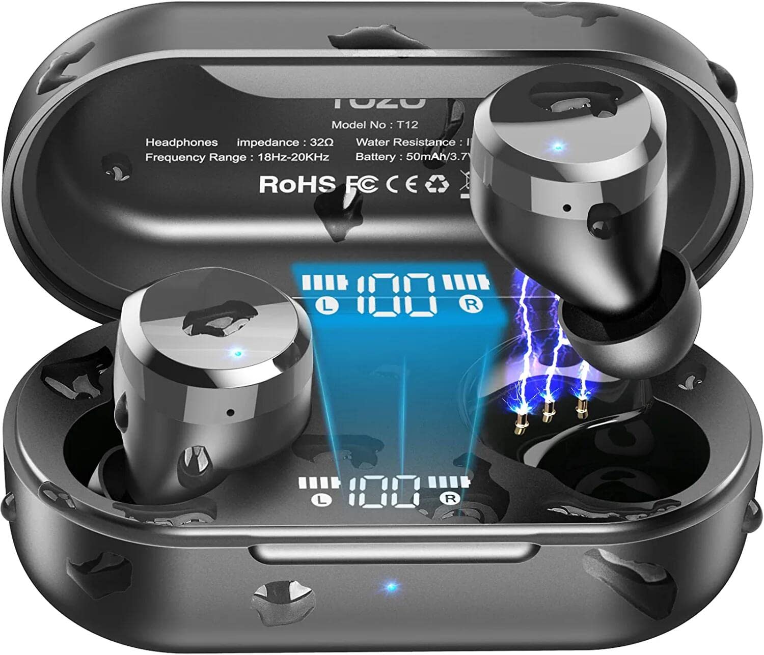 TOZO T12 2022 无线耳塞式蓝牙 5.3 耳机优质音质触摸控制 LED 数字显示无线充电盒耳机深黑色
