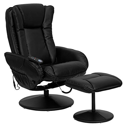 Flash Furniture 按摩多位置毛绒躺椅，带侧袋和黑色皮革软脚凳