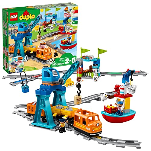 LEGO 得宝 (DUPLO) 城镇货运火车套装 10875，带声光、方向和停止动作积木、推走电机和移动起重机玩具，适合 2-5 岁儿童、男孩和女孩的礼物