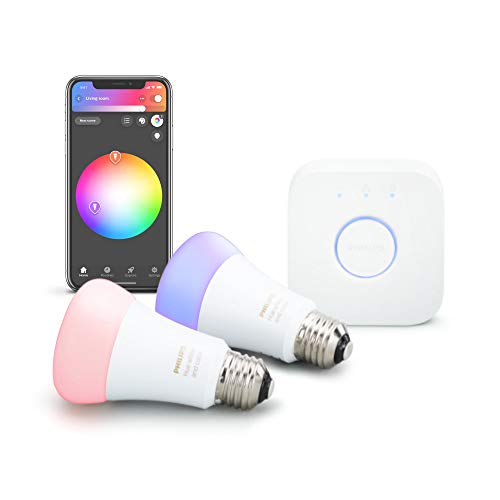CQMTO 飞利浦Hue 2件装高级智能光源入门套件，1600万种颜色，适用于大多数灯具和头顶灯，可与Alexa，Apple HomeKit和Google Assistant配合使用