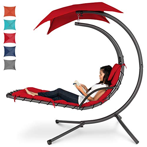 Best Choice Products 悬挂式弧形躺椅秋千，适用于后院、露台，带枕头、天篷、支架 - 红色