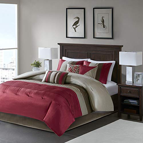 Madison Park Amherst 人造丝被套装 - 休闲现代设计四季羽绒另类床上用品、配套枕套、床裙、装饰枕头，Cal King（104'x92'），红色，7 件套