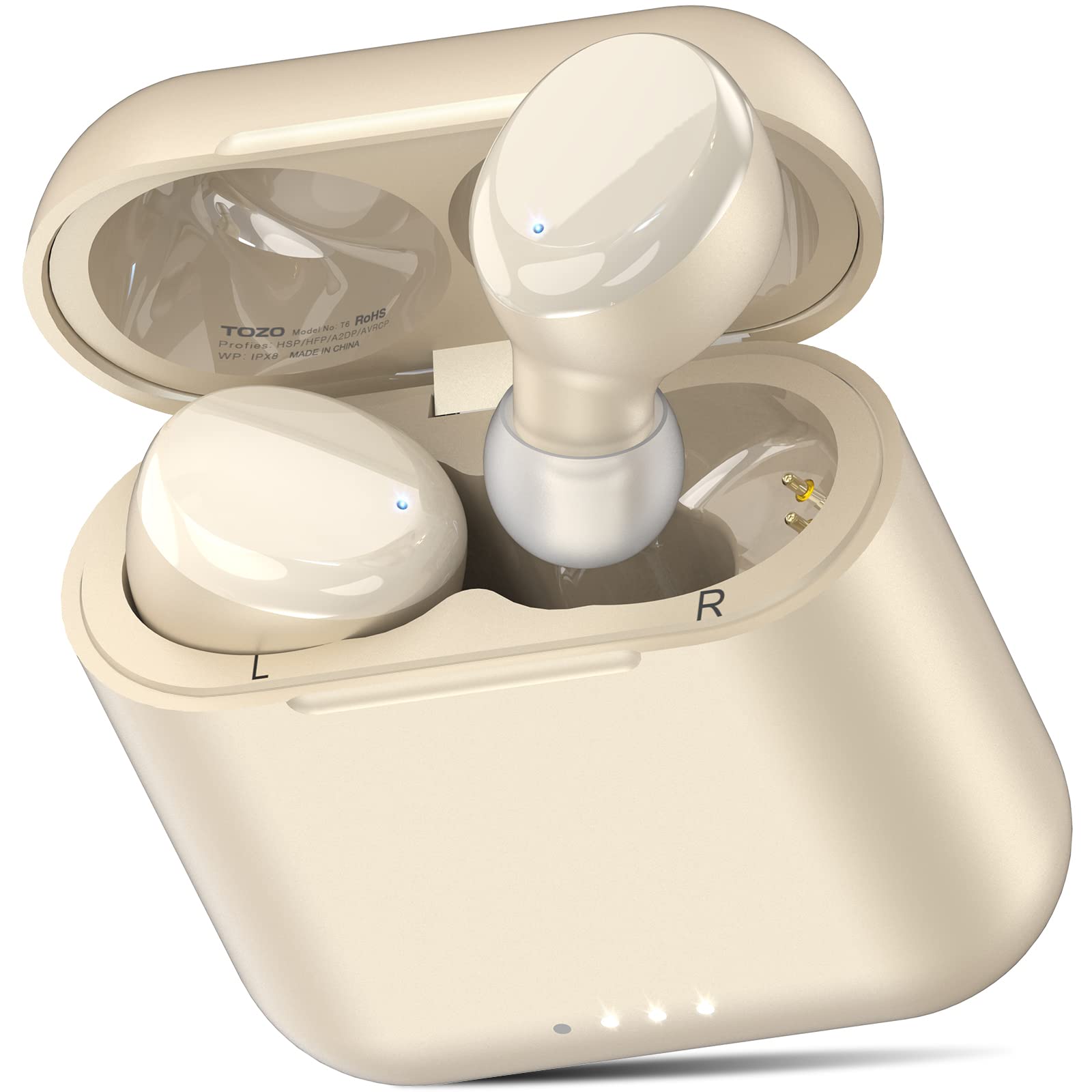 TOZO T6 真无线耳塞蓝牙 5.3 耳机触摸控制带无线充电盒 IPX8 防水立体声耳机入耳式内置麦克风耳机高级深低音香槟色（2022 升级版）