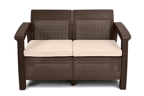 keter 科孚树脂柳条双人沙发，带户外垫 - 露台家具，非常适合前廊装饰和池畔座椅，棕色