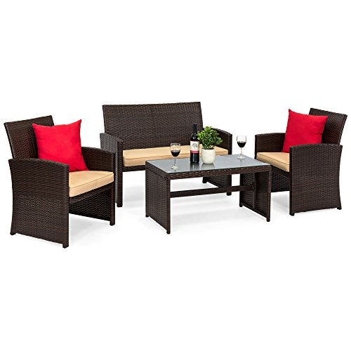 Best Choice Products 4件式柳条露台会话家具，带4个座位和钢化玻璃顶桌，棕色...