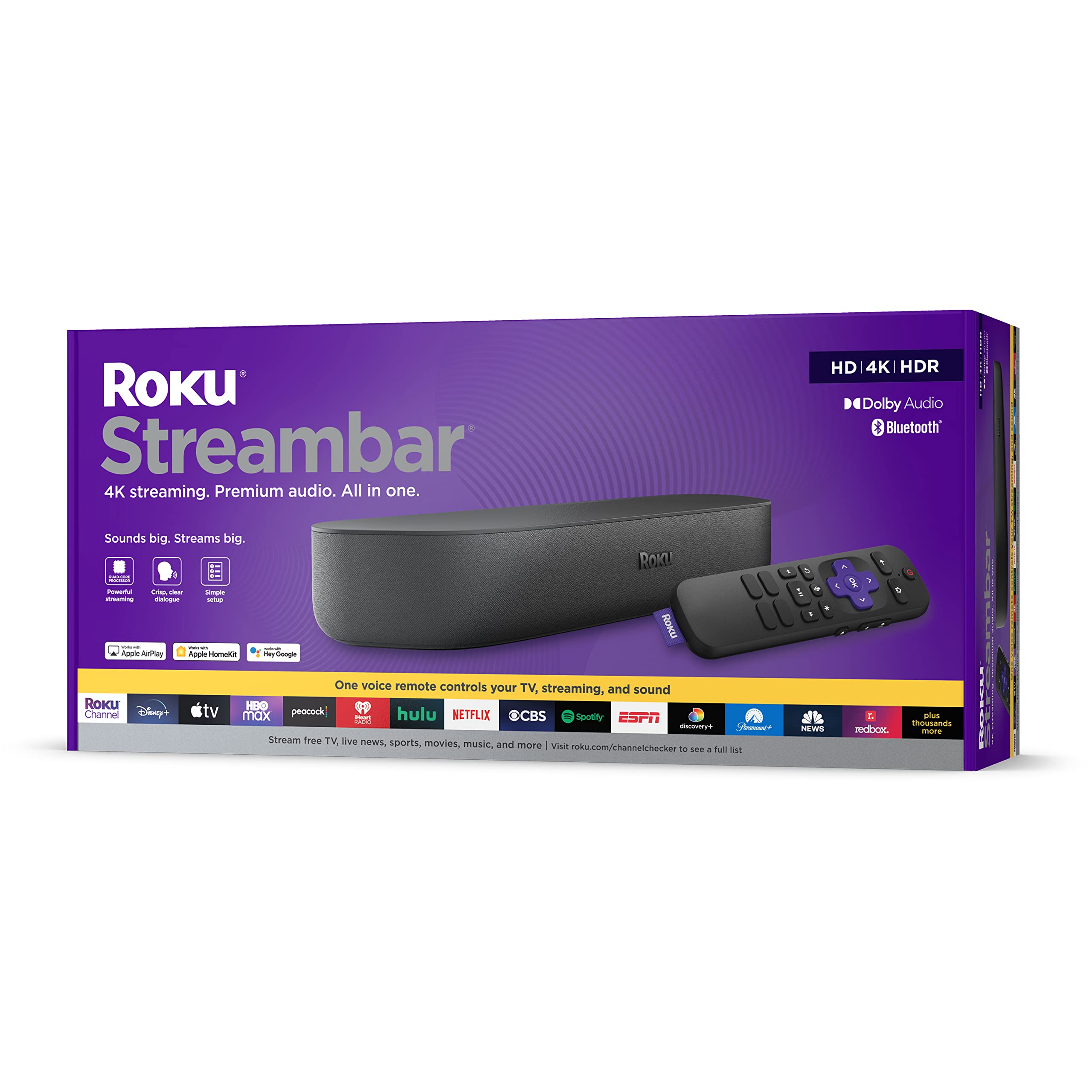 Roku 流媒体| 4K/HD/HDR 流媒体播放器和高级音频合二为一，包括语音遥控器...