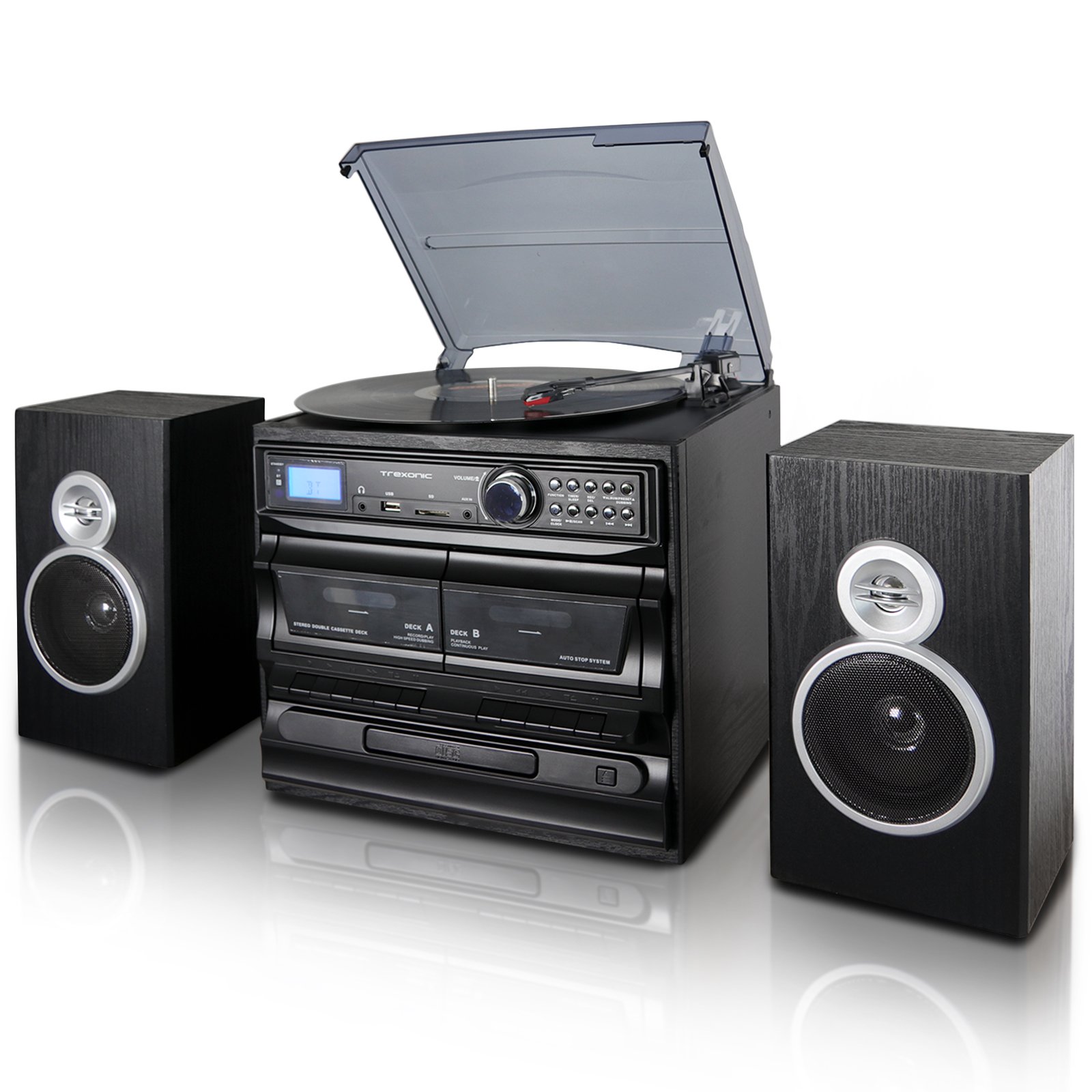 Trexonic 速转盘，带 CD 播放器、双盒式磁带播放器、Bt、FM 收音机和 USB/SD 录音以及有线架式扬声器