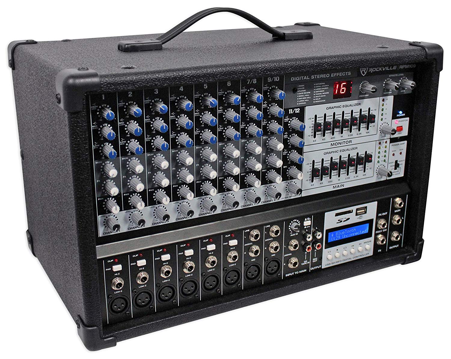 Rockville 罗克维尔RPM109 10通道4800w有源混音器，7频段均衡器，效果，USB，48V